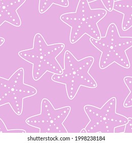 Seamless vector pattern with cute hand drawn starfishes. White line objects isolated on purple background. Fun summer texture for package, wrapping paper, print, gift, fabric, textile, wallpaper, web.