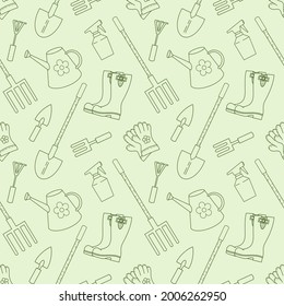 Seamless vector pattern with cute hand drawn gardening tools theme doodle elements. Emerald line objects on green background. For wrapping paper, textile, print, advertising, fabric, wallpaper, web.