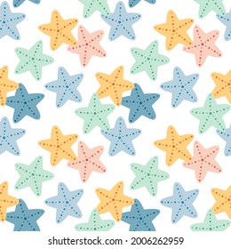 Seamless vector pattern with cute hand drawn starfishes. Summer sea shells background for package, wrapping paper, banner, print, card, gift, fabric, card, textile, wallpaper, web.