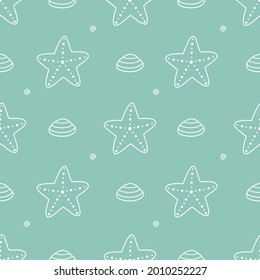 Seamless vector pattern with cute hand drawn starfishes and clams. White line objects on green background. Summer sea texture for package, wrapping paper, textile, print, fabric, wallpaper, banner.