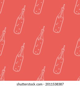 Seamless vector pattern with cute hand drawn lemonade bottles. White line objects isolated on red background. Fun graphic texture for package, wrapping paper, gift, fabric, textile, banner, wallpaper.