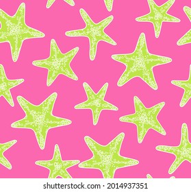 Seamless vector pattern with cute hand drawn starfishes. White line objects on yellow background. For wrapping paper, card, gift, fabric, textile, banner, wallpaper, package, web.