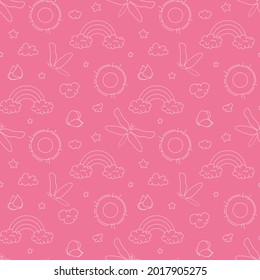 Seamless vector pattern with cute hand drawn summer sky doodle elements. Fun lineart background for kids apparel, print, gift, fabric, wallpaper, wrapping paper, packaging, textile.
