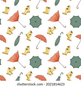 Seamless vector pattern with cute hand drawn umbrellas and rubber boots. Kawaii autumn print. Funny rainy weather background for package, card, wrapping paper, print, gift, fabric, wallpaper, textile.