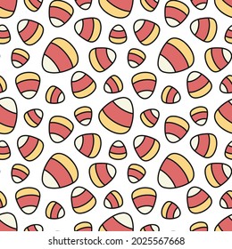Seamless vector pattern with cute hand drawn candy corn. Kawaii Halloween treat texture. Fun candy background for package, wrapping paper, banner, print, card, gift, fabric, card, textile, wallpaper.