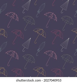 Seamless vector pattern with cute hand drawn umbrellas. Line objects isolated on purple background. Kawaii autumn texture for package, wrapping paper, banner, print, gift, fabric, wallpaper, textile.