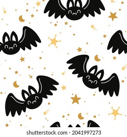 Seamless vector pattern and cute hand drawn bat  moon   star  Fun Halloween theme background for kids room decor  fashion  nursery art  wrapping paper  textile  print  fabric  wallpaper  gift 