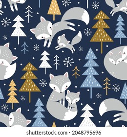 Seamless vector pattern with cute hand drawn polar foxes, pine trees and snowy winter woodland on dark blue background. Perfect for textile, wallpaper or print design.