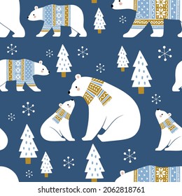 Seamless vector pattern with cute hand drawn polar bears in winter clothes. Perfect for textile, wallpaper or print design. 

