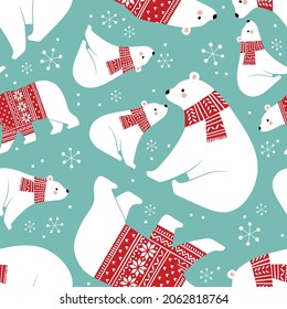 Seamless vector pattern with cute hand drawn polar bears in winter clothes. Perfect for textile, wallpaper or print design. 

