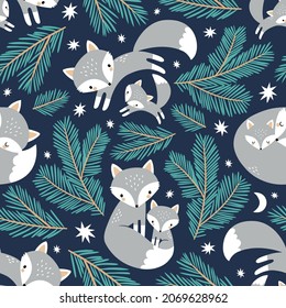 Seamless vector pattern with cute hand drawn polar foxes, pine tree branches, stars and moon on dark blue background. Perfect for textile, wallpaper or print design.