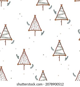 Seamless vector pattern with cute hand drawn geometric Christmas trees. Trendy Nordic winter texture. Scandi theme background for gift, wrapping paper, packaging, fabric, textile, card, wallpaper.