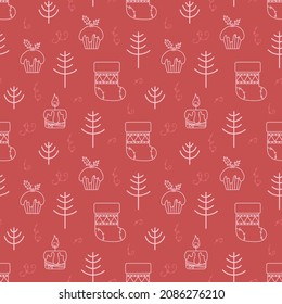 Seamless vector pattern with cute hand drawn winter holidays symbols. Folk art theme doodle elements. Scandinavian lineart background wrapping paper, card, gift, fabric, textile, wallpaper, packaging.