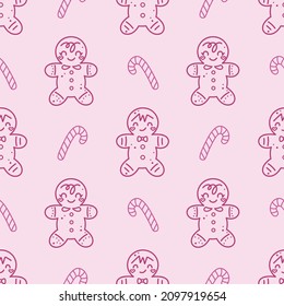Seamless vector pattern and cute hand drawn gingerbread man   candy cane  Line objects  Christmas theme background for kids room decor  nursery art  packaging  wrapping paper  textile  wallpaper 