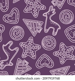 Seamless vector pattern with cute hand drawn gingerbread cookies. Christmas theme doodle elements. White line objects on purple background. For wrapping paper, textile, print, fabric, wallpaper.