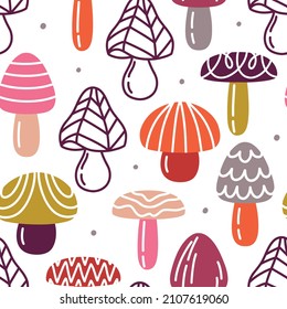 Seamless vector pattern with cute hand drawn mushrooms. Fun design. Fantastic fungus texture. Whimsical fungi background for kids room decor, packaging, wrapping paper, textile, fabric, wallpaper.