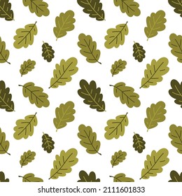 Seamless vector pattern with cute hand drawn oak tree leaves. Fun design. Green palette. Floral background with foliage for apparel, fabric, wallpaper, textile, packaging, card, print, wrapping paper.