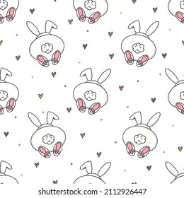 Seamless vector pattern with cute hand drawn bunnies. Kawaii texture. Funny animal vector background for kids room decor, nursery art, print, fabric, wallpaper, wrapping paper, textile, gift, card.