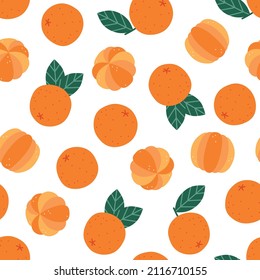 Seamless vector pattern with cute hand drawn oranges. Bright citrus fruits isolated on white background. Fruity texture for wrapping paper, card, gift, fabric, textile, wallpaper, print.
