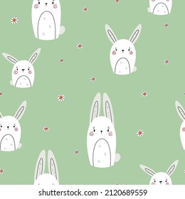 Seamless vector pattern with cute hand drawn bunnies and daisies. Kawaii animal background for kids room decor, nursery art, card, gift, fabric, textile, wrapping paper, wallpaper, packaging, apparel.