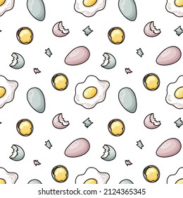 Seamless vector pattern with cute hand drawn whole, broken in half with yolk and fried eggs. Fun breakfast theme background for print, wrapping paper, gift, fabric, wallpaper, textile, card, apparel.