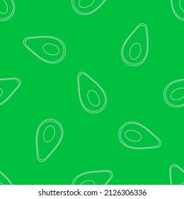 Seamless vector pattern with cute hand drawn half and cut avocado. White and green line objects on trendy green background. For wrapping paper, invitation, gift, fabric, wallpaper, textile