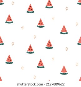 Seamless vector pattern with cute hand drawn watermelon slices. Fun summer theme background with fruity pieces for wrapping paper, textile, card, gift, fabric, wallpaper, packaging, apparel.