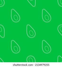 Seamless vector pattern with cute hand drawn half and cut avocado. White and green line objects on trendy green background. For wrapping paper, invitation, gift, fabric, wallpaper, textile