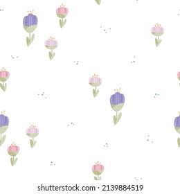 Seamless vector pattern with cute hand drawn tulip flowers. Fun floral texture. Delicate summer background for wrapping paper, card, gift, fabric, textile, wallpaper, wrapping paper, packaging.