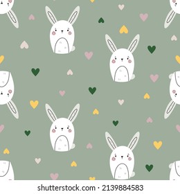 Seamless vector pattern with cute hand drawn bunny with hearts. Fun animal background for kids room decor, nursery art, card, gift, fabric, textile, wrapping paper, wallpaper, packaging, apparel.