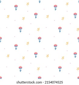 Seamless vector pattern with cute hand drawn tulip flowers, twigs, polka dots. Simple backdrop in scandinavian style. Floral background for wrapping paper, packaging, gift, fabric, wallpaper, textile.