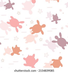 Seamless vector pattern with cute hand drawn turtles, stars and sea shells. Kawaii summer texture for kids room decor, nursery art, wrapping paper, fabric, wallpaper, textile, gift, packaging.