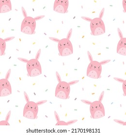 Seamless vector pattern with cute hand drawn pink bunny and confetti. Lovely animal background for kids room decor, nursery art, card, gift, fabric, textile, wrapping paper, wallpaper, packaging.