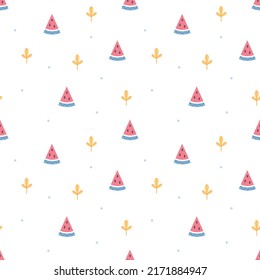 Seamless vector pattern with cute hand drawn watermelon slices, twigs, polka dots. Simple scandinavian style backdrop. Fruity background for wrapping paper, packaging, gift, fabric, wallpaper, textile