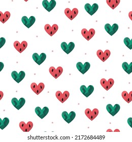 Seamless Vector Pattern With Cute Hand Drawn Watermelon Hearts. Flat Fruity Texture. Fun Summer Background For Packaging, Wrapping Paper, Packaging, Card, Gift, Fabric, Textile, Wallpaper, Apparel.