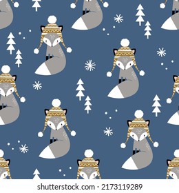 Seamless vector pattern with cute hand drawn winter fox, pine trees and snowflakes. Perfect for textile, wallpaper or print design.