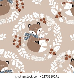 Seamless vector pattern with cute hand drawn fox and white rabbit in winter wreath. Perfect for textile, wallpaper or print design.