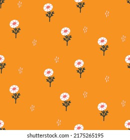 Seamless vector pattern with cute hand drawn marguerites. Fun floral texture. Summer background with blooming flowers for wrapping paper, textile, card, gift, fabric, wallpaper, packaging, apparel.