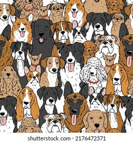 Seamless vector pattern with cute hand drawn dogs and flowers. Dogs different breeds. Bulldog, spaniel, corgi,chihuahua. Perfect for kids apparel, textile, nursery, wrapping paper