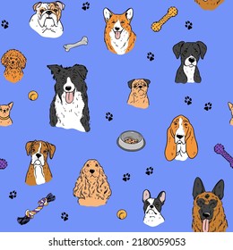 Seamless vector pattern with cute hand drawn dogs. Dogs different breeds. Bulldog, spaniel, border collie, corgi, basset hound. Perfect for kids apparel, textile, vet, nursery, wrapping paper