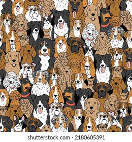 Seamless vector pattern with cute hand drawn dogs. Dogs different breeds. Bulldog, , corgi, bernese mountain dog, chihuahua. Perfect for kids apparel, textile, nursery, wrapping 