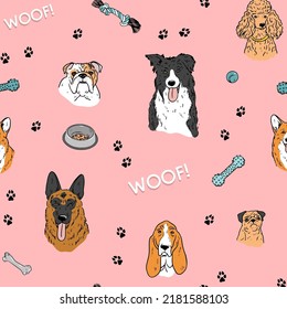 Seamless vector pattern with cute hand drawn dogs. Dogs different breeds. Bulldog, spaniel, border collie, corgi, basset hound. Perfect for kids apparel, textile, vet, nursery, wrapping paper