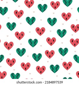 Seamless Vector Pattern With Cute Hand Drawn Hearts Made Of Watermelon. Fun Fruity Texture. Summer Background For Wrapping Paper, Textile, Card, Gift, Fabric, Wallpaper, Packaging, Apparel.