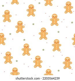 Seamless vector pattern and cute hand drawn gingerbread man   stars  Fun design  Kawaii Christmas background for print  wrapping paper  textile  fabric  wallpaper  gift  card  packaging  apparel 