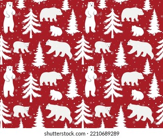 Seamless vector pattern with cute hand drawn polar bears, pine trees and snowy winter woodland on dark blue background. Perfect for textile, wallpaper or print design. Eps 10