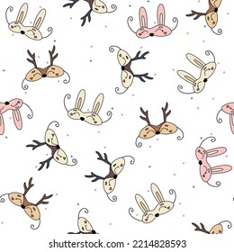 Seamless vector pattern with cute hand drawn bunny and reindeer animal party masks. Fun Christmas background for kids room decor, card, gift, fabric, textile, wrapping paper, wallpaper, packaging.