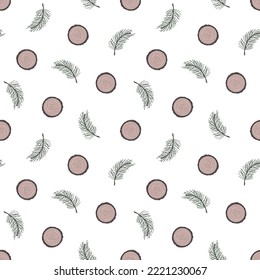Seamless vector pattern with cute hand drawn end cut wood and fir twigs. Stylized scandi theme texture. Floral background for wrapping paper, textile, gift, fabric, wallpaper, packaging, apparel.