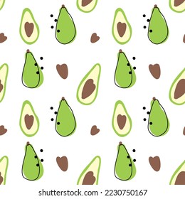 Seamless vector pattern with cute hand drawn whole, half and cut avocado with leaves. For wrapping paper, invitation, gift, fabric, wallpaper, textile