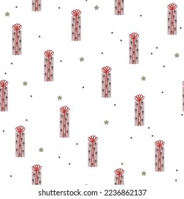 Seamless vector pattern with cute hand drawn Christmas gift boxes and stars. Fun design. Winter Scandi theme background for wrapping paper, textile, fabric, wallpaper, gift, card, packaging, apparel.