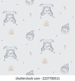 Seamless vector pattern with cute hand drawn doodles snowmen, snow globes and candy canes. Lineart Christmas background for wrapping paper, textile, wallpaper, gift, fabric, print, packaging, apparel.